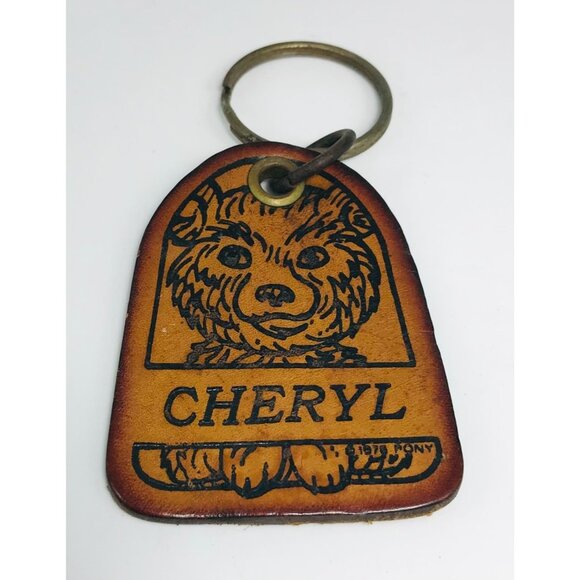 Handmade Accessories - First Name Cheryl Leather Keychain Bear Stamped Key Fob Vintage Original 1970s